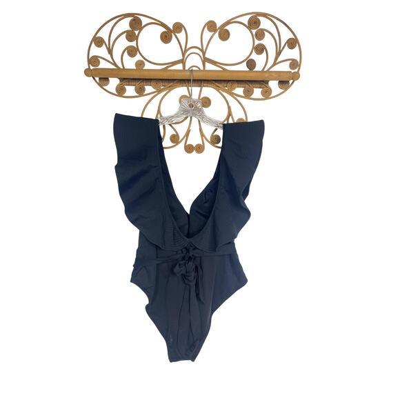 DAVI & DANI Women's Solid Ruffle Sleeve Tie Front One Piece Swimsuit Black - Picture 8 of 10